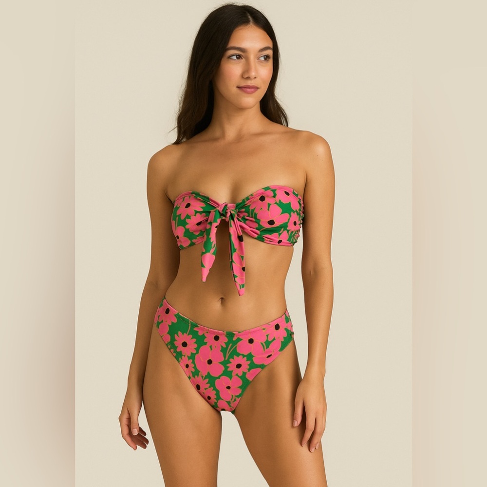 Summer Beach Floral Print Knot Front Bandeau Bikini Set, size M